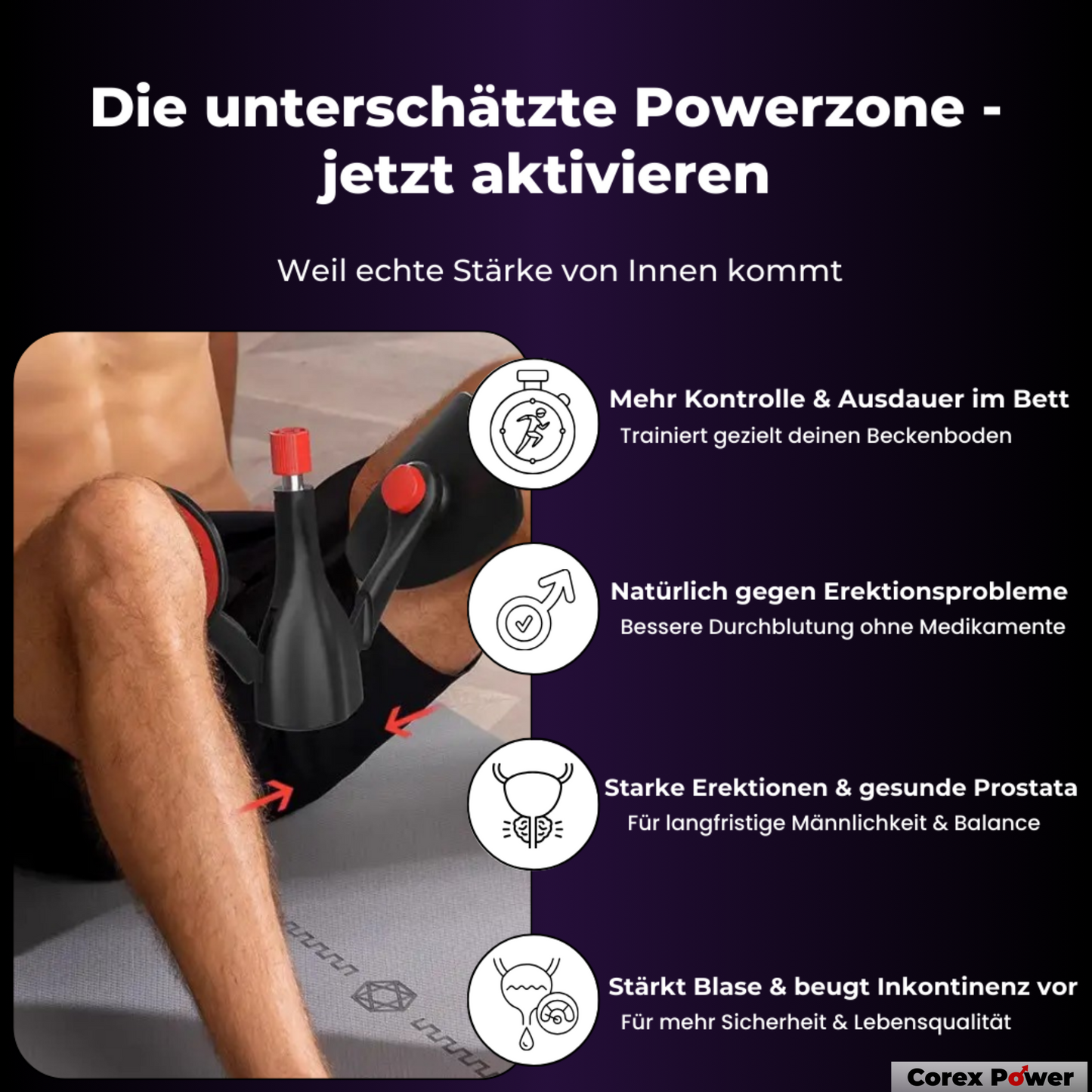 CoreX Power – Steinhart. Kontrolliert. Unaufhaltsam. Mehr Ausdauer, härtere Erektionen – ohne Pillen, ohne Bullshit.